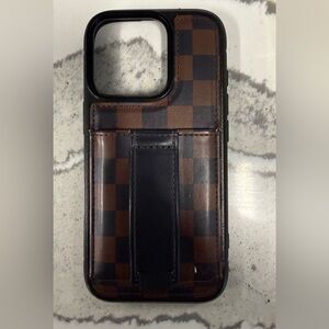 Walli Brown Plaid Leather Phone Case with Card Strap